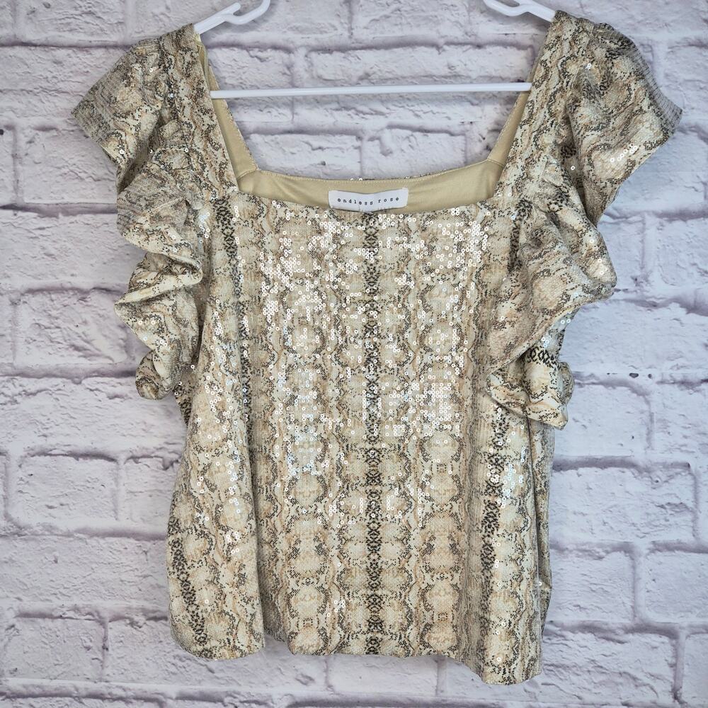 ​NWT Endless Rose Sequin Python Snakeskin Babydoll Top Ruffle Small Multi